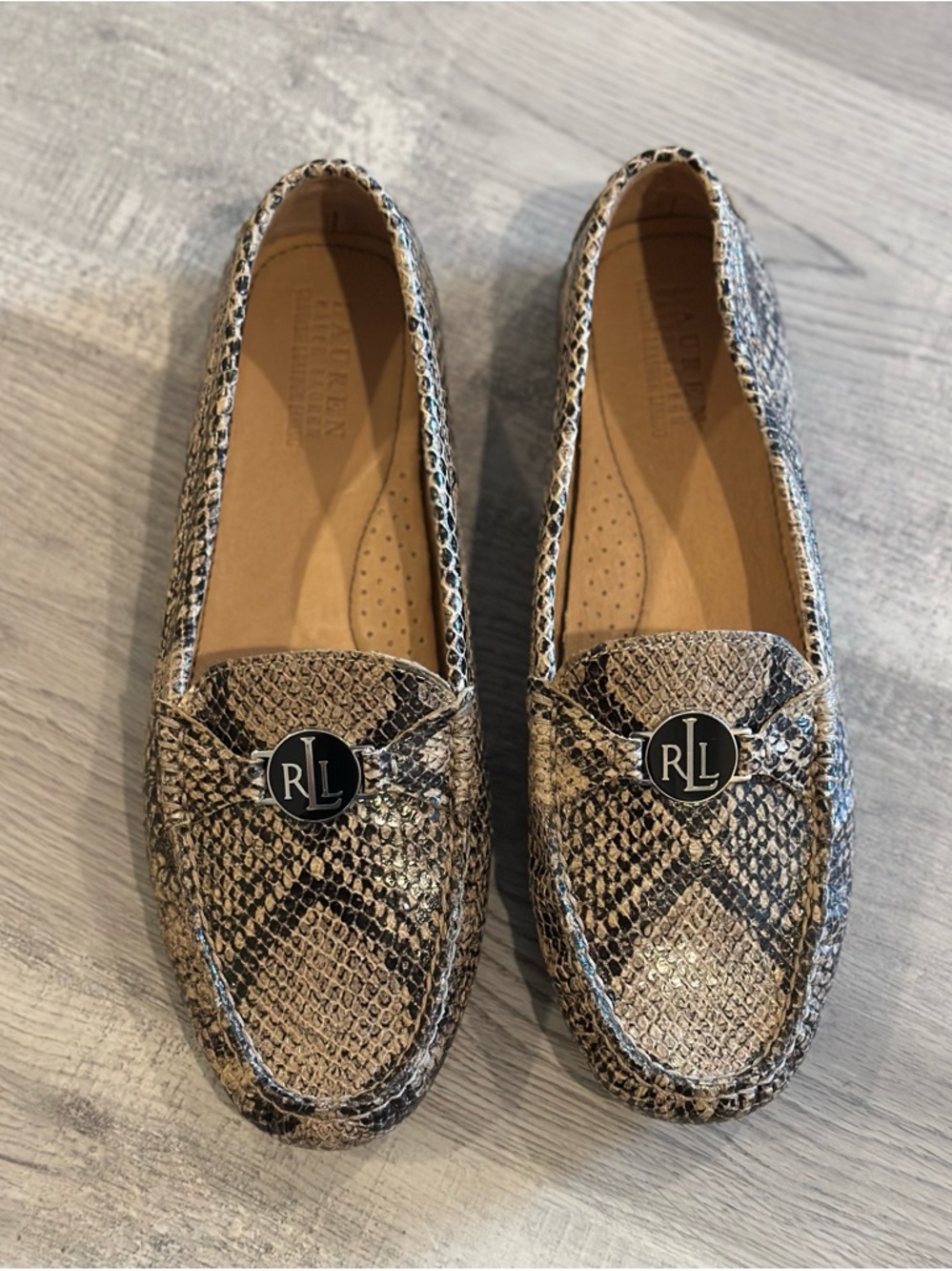 Ralph Lauren Snake-Print Loafers in Tan and Black